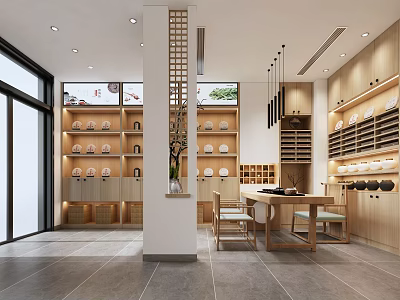 Traditional Tableware Store Interior With Wooden Shelves Displayed Plates Central Table And Bright Lighting 3d model