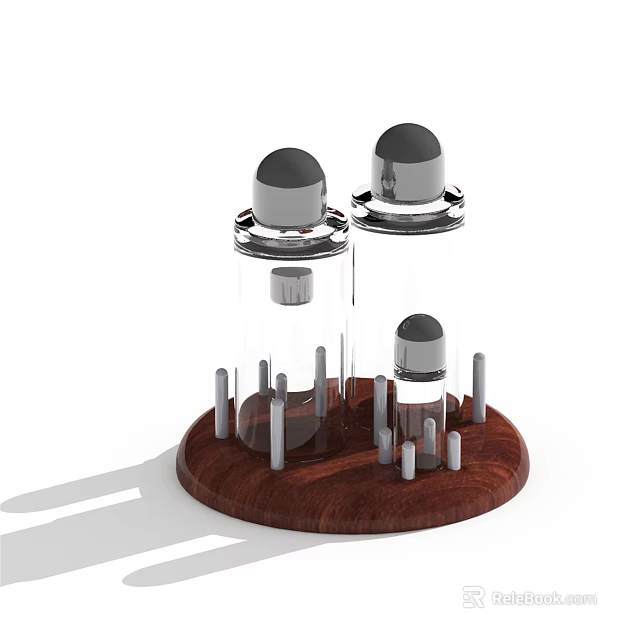 Transparent Spice Jars With Black Lids On Wooden Base And Small Metal Rods 3d model 
