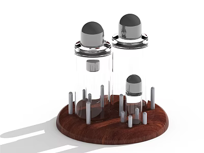 Transparent Spice Jars With Black Lids On Wooden Base And Small Metal Rods 3d model