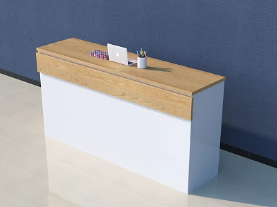 Modern Reception Desk With Wooden Top And White Cabinet Featuring Laptop And Pen Holder 3d model