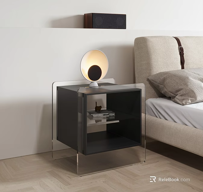 Modern Glass Top Nightstand With Metal Frame And Round Table Lamp Next To Upholstered Bed 3d model 