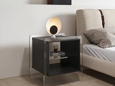 Modern Glass Top Nightstand With Metal Frame And Round Table Lamp Next To Upholstered Bed 3d model