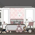 Kids Room With Pink Wall Fish Scale Pattern Rabbit Decor Bed Stuffed Toys And Pink Chair