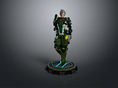 Futuristic Game Character With Green Yellow Armor Short Hair On Circular Platform Blue Glowing Lines 3d model