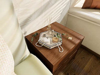Jewelry Display in Home Setting on Wooden Hexagonal Tray With Sofa Window and Bright Light 3d model