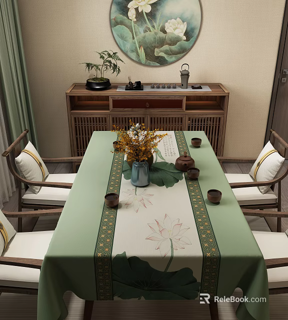 Traditional Dining Table Set With Green Lotus Pattern Tablecloth Golden Trim And Wooden Chairs 3d model 