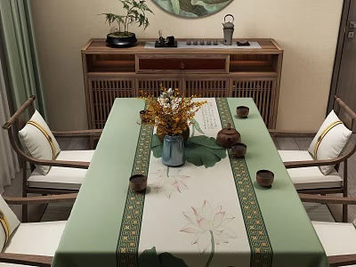 Traditional Dining Table Set With Green Lotus Pattern Tablecloth Golden Trim And Wooden Chairs 3d model
