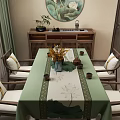 Traditional Dining Table Set With Green Lotus Pattern Tablecloth Golden Trim And Wooden Chairs
