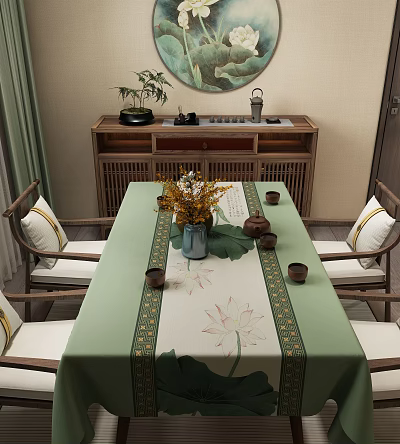 Traditional Dining Table Set With Green Lotus Pattern Tablecloth Golden Trim And Wooden Chairs 3d model