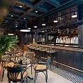 Modern Bar Interior Design With Ambient Lighting Wooden Furniture And Green Plants