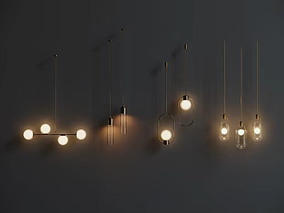 Modern Pendant Lights With Various Metal Frame Designs Illuminated For Interior Decoration 3d model