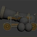 Vintage Old Style Cannon With Wooden Wheels And Three Cannonballs