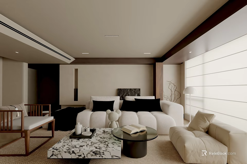 Modern Living Room Interior Design With White Sofa Black Cushions Round Coffee Table And Wooden Chair 3d model 