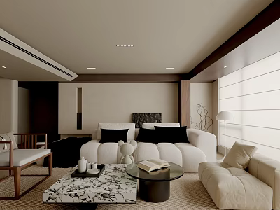 Modern Living Room Interior Design With White Sofa Black Cushions Round Coffee Table And Wooden Chair 3d model