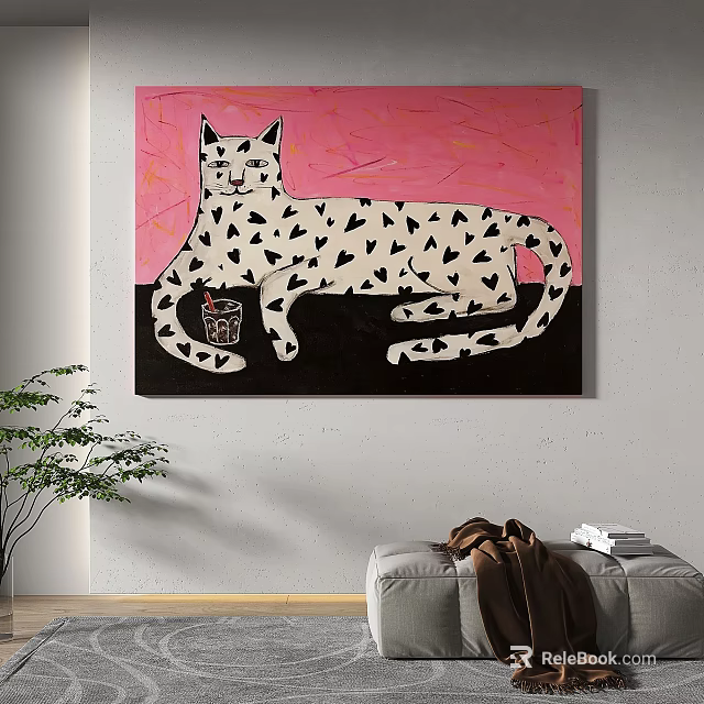 Abstract Painting Featuring Cat with Heart Patterns on Pink Background and Cup 3d model