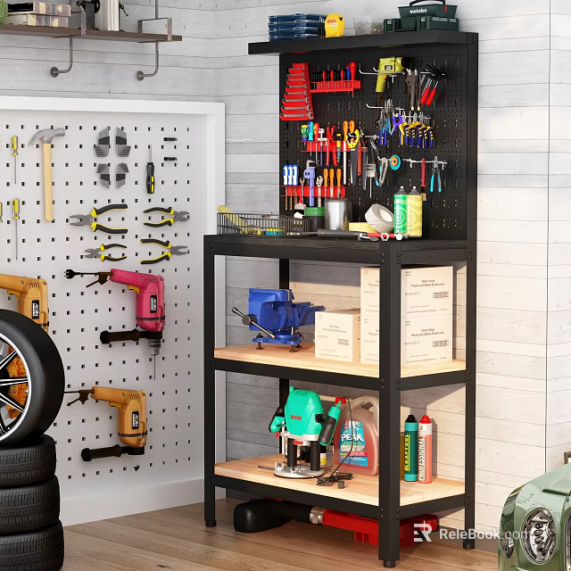 Workshop Tool Storage With Pegboard Hammers Pliers Metal Shelf Power Tools Tire And Wooden Wall 3d model 