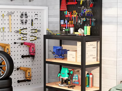 Workshop Tool Storage With Pegboard Hammers Pliers Metal Shelf Power Tools Tire And Wooden Wall 3d model