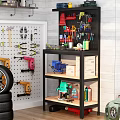 Workshop Tool Storage With Pegboard Hammers Pliers Metal Shelf Power Tools Tire And Wooden Wall