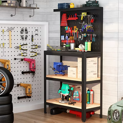 Workshop Tool Storage With Pegboard Hammers Pliers Metal Shelf Power Tools Tire And Wooden Wall 3d model