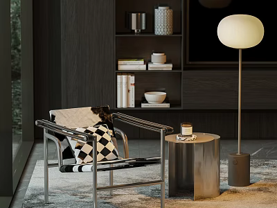 Modern Accent Chair With Metal Frame And Black White Checkered Cushion Near Side Table Floor Lamp 3d model