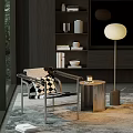 Modern Accent Chair With Metal Frame And Black White Checkered Cushion Near Side Table Floor Lamp