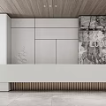 Sleek Modern Reception Desk Design With Wooden Ceiling Marble Wall Panel And White Gray Decorative Elements 3d model