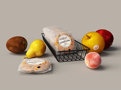 Fresh Fruits And Cookies In Basket 3d model