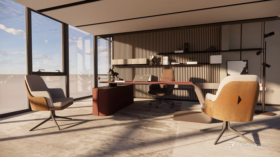 Modern Office Interior With Large Windows Natural Light Wooden Desk Chairs And Shelves 3d model 