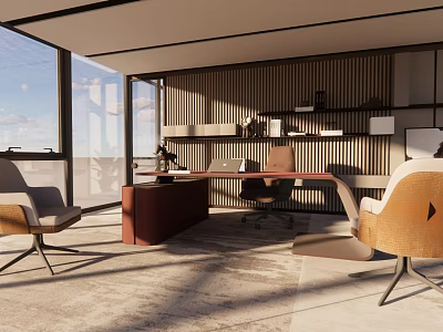 Modern Office Interior With Large Windows Natural Light Wooden Desk Chairs And Shelves 3d model