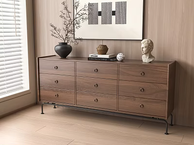 Modern Minimalist Entryway Sideboard Cabinet With Walnut Wood Multiple Drawers And Decorative Vase Sculpture Books Ornaments 3d model
