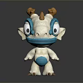 Plush Game Movie Character With White Body Blue Face Belly Yellow Horns And Big Eyes