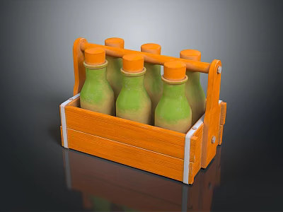 Green Bottled Beverages in Orange Wooden Crate with Bright Orange Caps 3d model