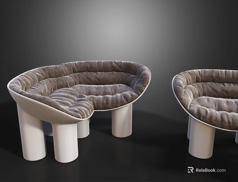 Modern Curved Leisure Chairs With Plush Gray Cushions And White Cylindrical Legs 3d model 