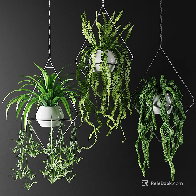 Decorative Hanging Plant Ornament Set With Geometric Metal Frames And White Pots 3d model 
