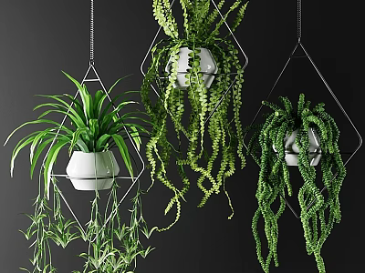 Decorative Hanging Plant Ornament Set With Geometric Metal Frames And White Pots 3d model