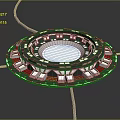 Futuristic Circular Architectural Structure With Multi layered Rings Geometric Patterns And Connected Cables