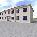 Two Story Office Building With Red Roof Beige Exterior Blue Windows And Spacious Gray Pavement