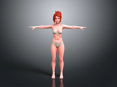 Woman With Red Hair Wearing Light Green Bikini Standing With Arms Outstretched Against Gray Background 3d model