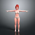 Woman With Red Hair Wearing Light Green Bikini Standing With Arms Outstretched Against Gray Background