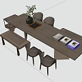 Modern Long Wooden Tea Table With Chairs Benches Green Plant And Magazines