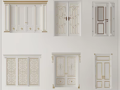 Various White Double Doors With Gold Accents And Ornate Patterns 3d model