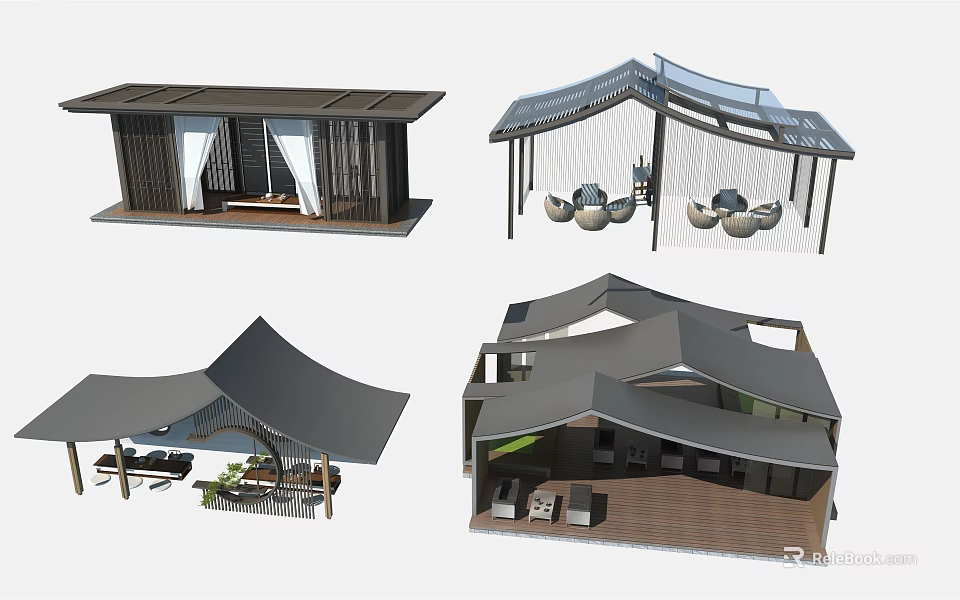 Modern Outdoor Pergola Design With Various Styles Seating Areas And Canopy Structures 3d model 