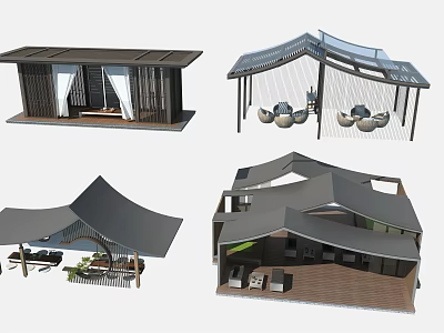 Modern Outdoor Pergola Design With Various Styles Seating Areas And Canopy Structures 3d model