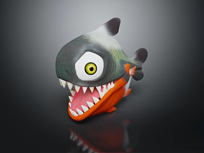 Cartoon Style Fish Plush Toy With Big Yellow Eyes And Sharp Teeth 3d model