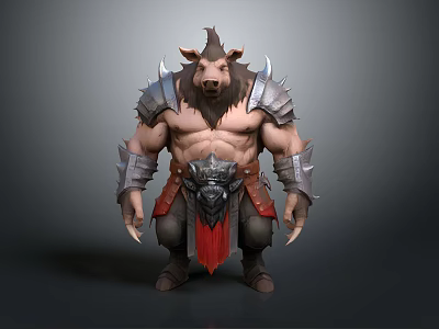 Muscular Man with Boar Head Wearing Spiked Armor Red Cape and Sharp Claws 3d model