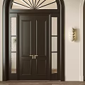 Dark Brown Double Doors With Arched Top Windows And Wall Sconce In Wooden Flooring Interior