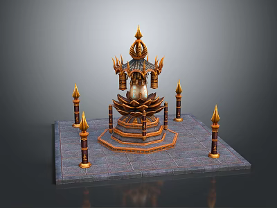 Ornate Golden Pagoda Like Structure With Lotus Base And Spire Pillars On Stone Slab 3d model