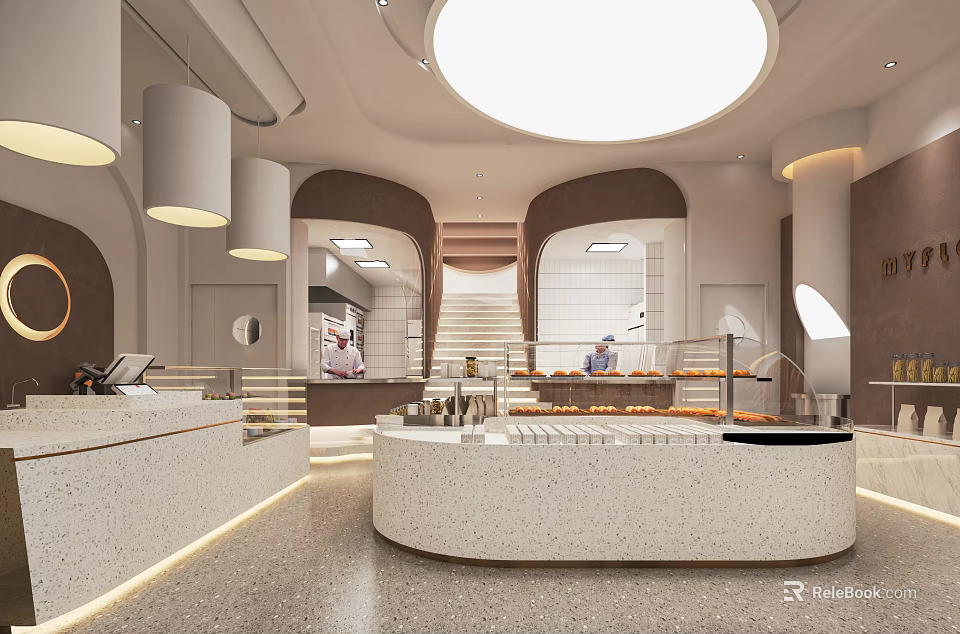 Modern Dessert Shop Interior Design With Round Counter Displayed Desserts Staircase And Warm Lighting 3d model 