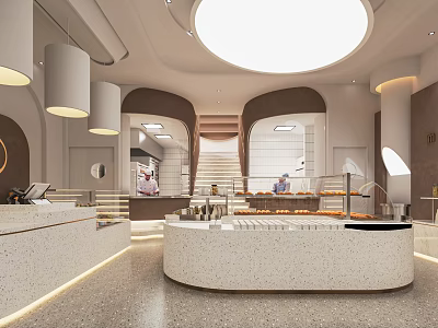 Modern Dessert Shop Interior Design With Round Counter Displayed Desserts Staircase And Warm Lighting 3d model