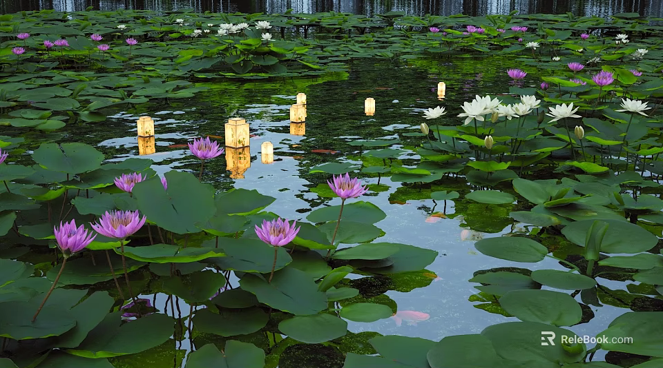 Lush Shrubbery Framing Pond With Lily Pads Pink White Lotus And Floating Lanterns 3d model 